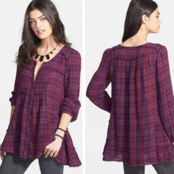 Free People Tops - Free People Whistle While You Work Gauzy Purple Plaid Tiered Button Up Tunic Top